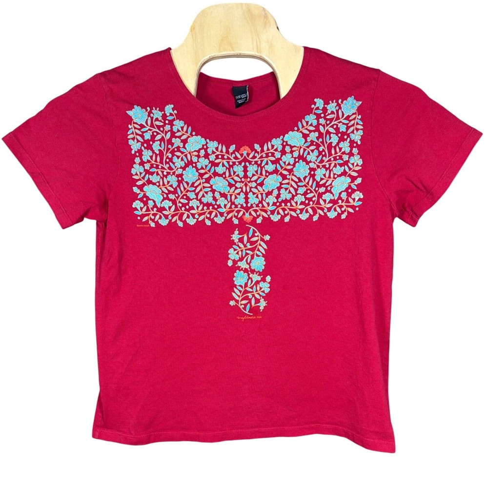 Sabaku Artwear T-Shirt Women Medium Electric Huipil Red Floral Graphic USA Made